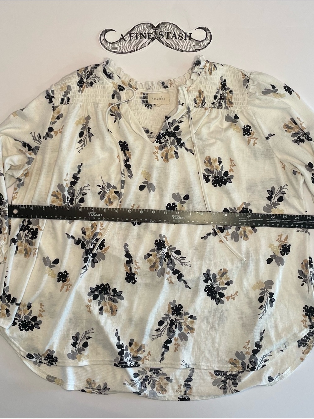 MELLODAY Cream Floral Smocked-Neck Blouse with Tie